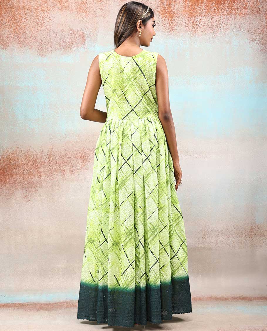 Green shibori-style dyed & triangle design printed Georgette Anarkali,contrast border & dupatta with embroidery work