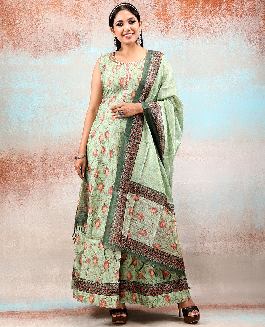 Pale green chanderi printed Anarkali with floral vine designs, contrast chanderi dupatta of floral & geometric patterns
