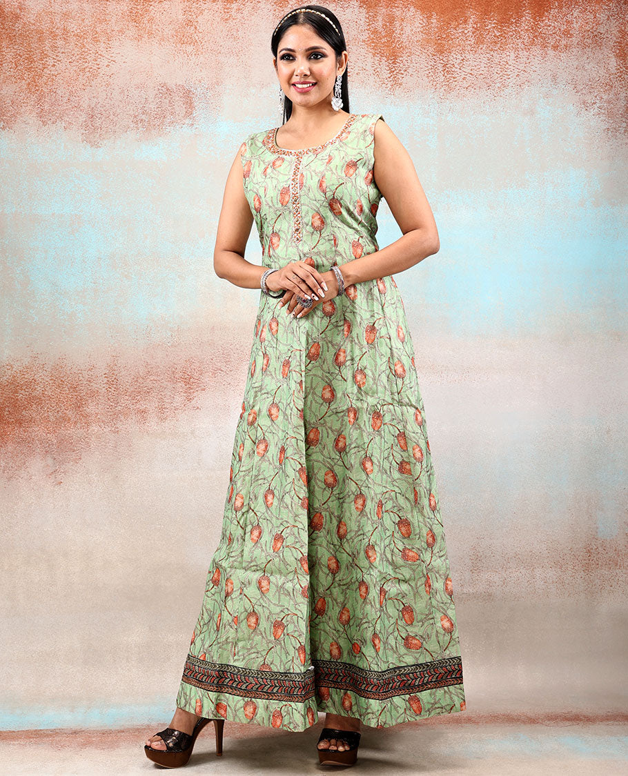 Pale green chanderi printed Anarkali with floral vine designs, contrast chanderi dupatta of floral & geometric patterns