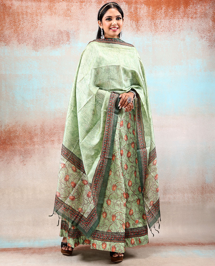Pale green chanderi printed Anarkali with floral vine designs, contrast chanderi dupatta of floral & geometric patterns