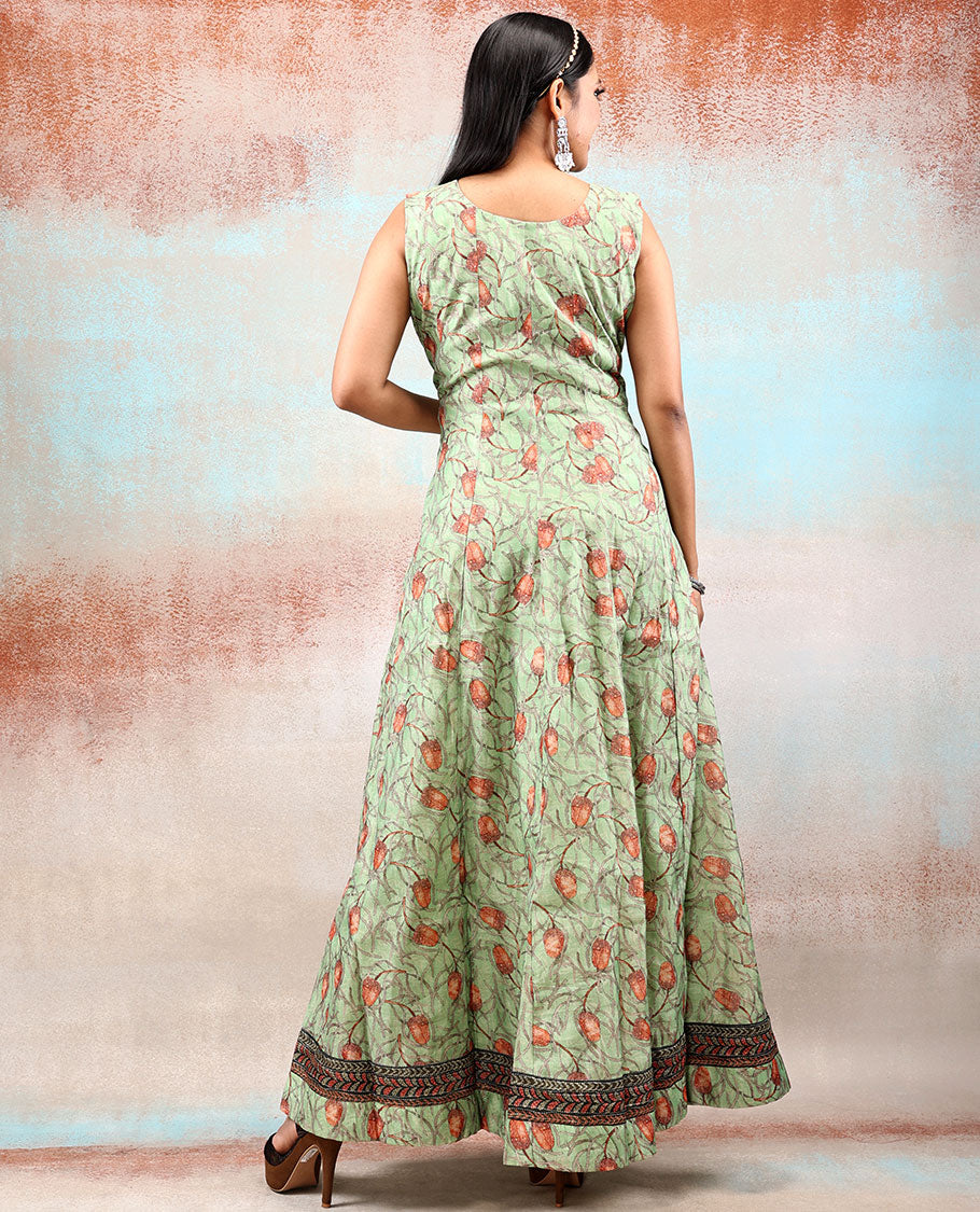 Pale green chanderi printed Anarkali with floral vine designs, contrast chanderi dupatta of floral & geometric patterns