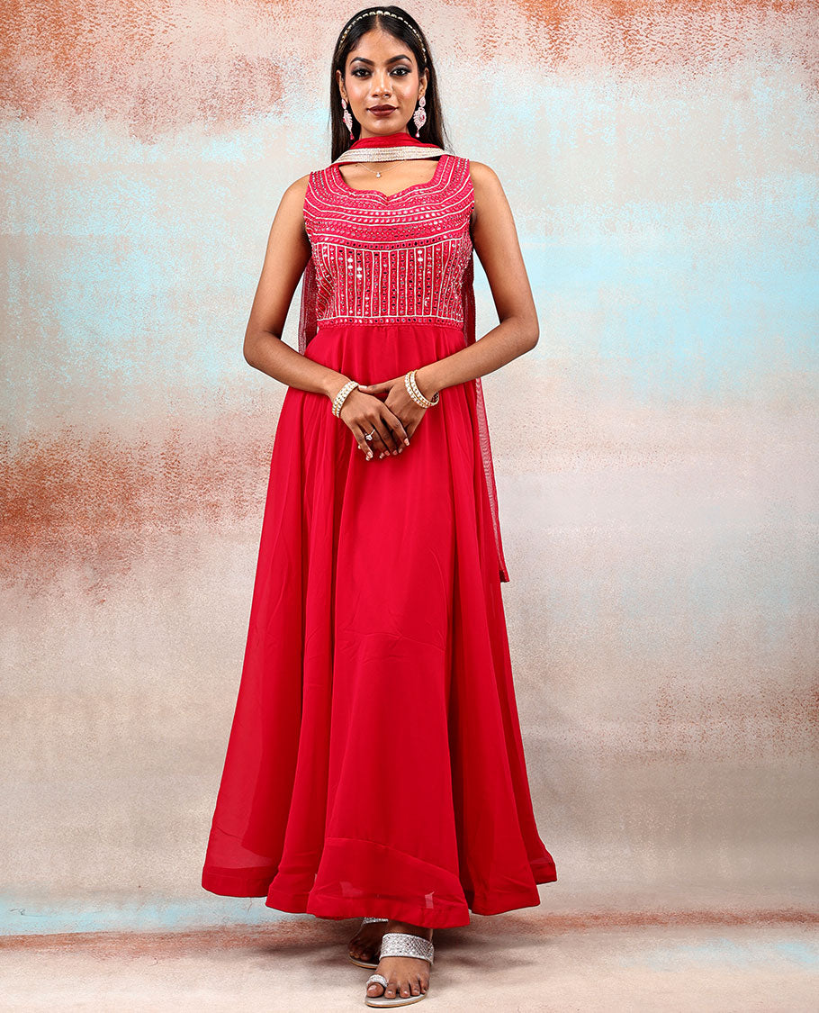 Strawberry pink front neck mirror embroidered Georgette Anarkali, plain design Georgette dupatta with lace border