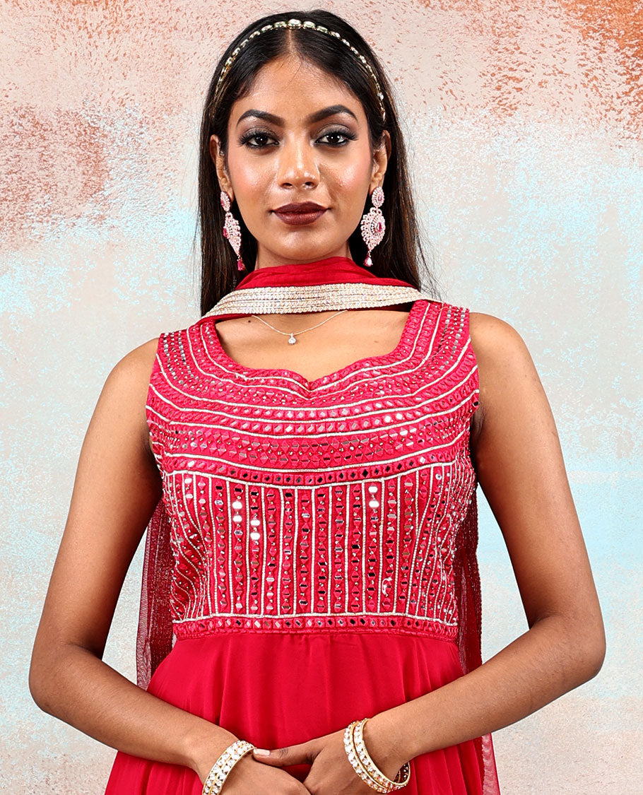 Strawberry pink front neck mirror embroidered Georgette Anarkali, plain design Georgette dupatta with lace border