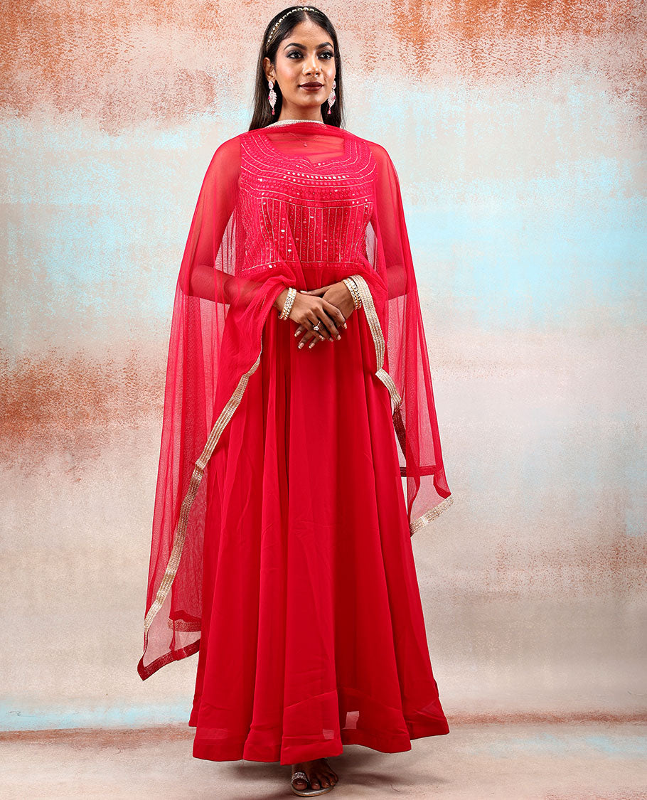 Strawberry pink front neck mirror embroidered Georgette Anarkali, plain design Georgette dupatta with lace border