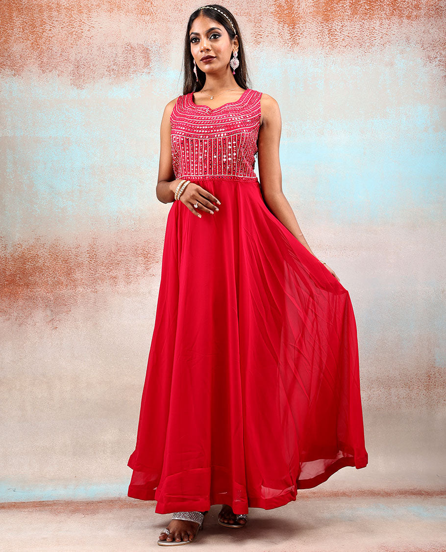 Strawberry pink front neck mirror embroidered Georgette Anarkali, plain design Georgette dupatta with lace border