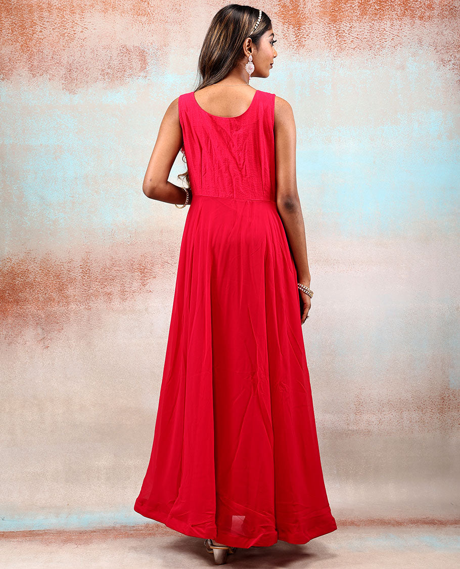 Strawberry pink front neck mirror embroidered Georgette Anarkali, plain design Georgette dupatta with lace border