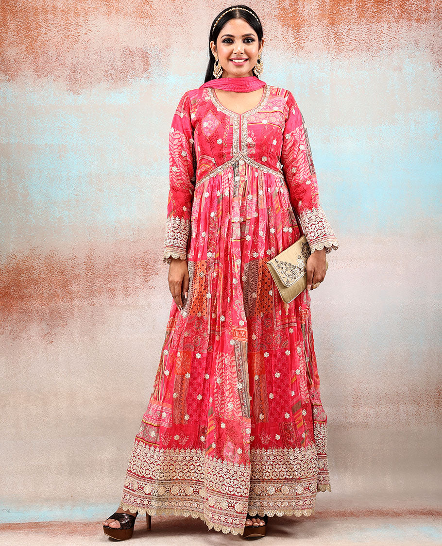 Fuchsia pink heavy sequin & thread embroidered 3/4th sleeve georgette anarkali glitter printed with intricate motifs