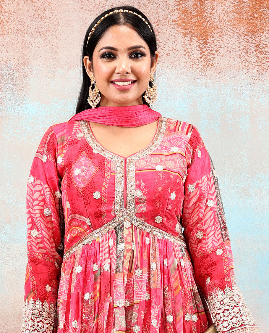 Fuchsia pink heavy sequin & thread embroidered 3/4th sleeve georgette anarkali glitter printed with intricate motifs