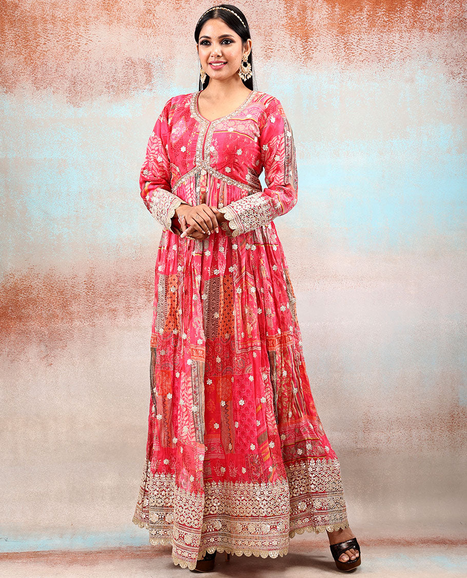 Fuchsia pink heavy sequin & thread embroidered 3/4th sleeve georgette anarkali glitter printed with intricate motifs