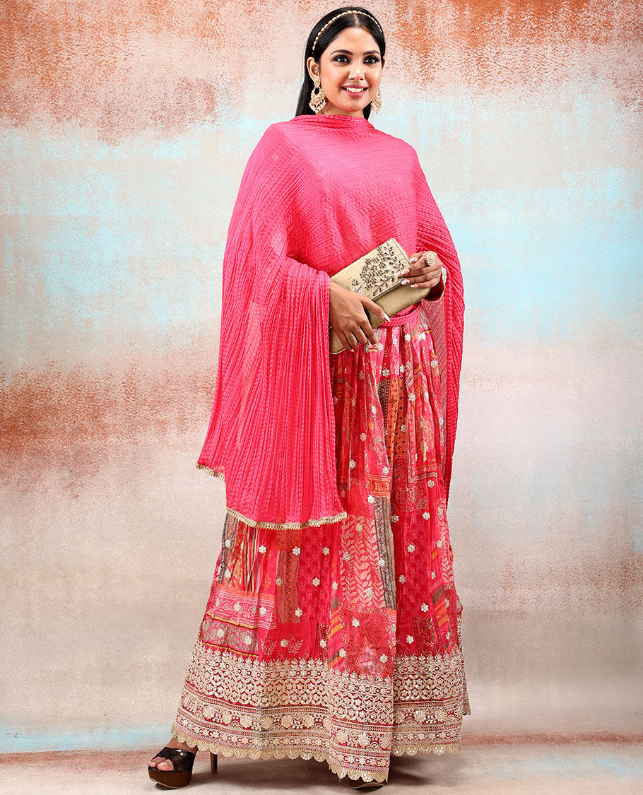 Fuchsia pink heavy sequin & thread embroidered 3/4th sleeve georgette anarkali glitter printed with intricate motifs