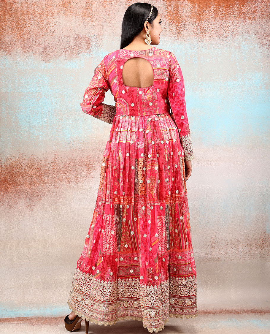 Fuchsia pink heavy sequin & thread embroidered 3/4th sleeve georgette anarkali glitter printed with intricate motifs