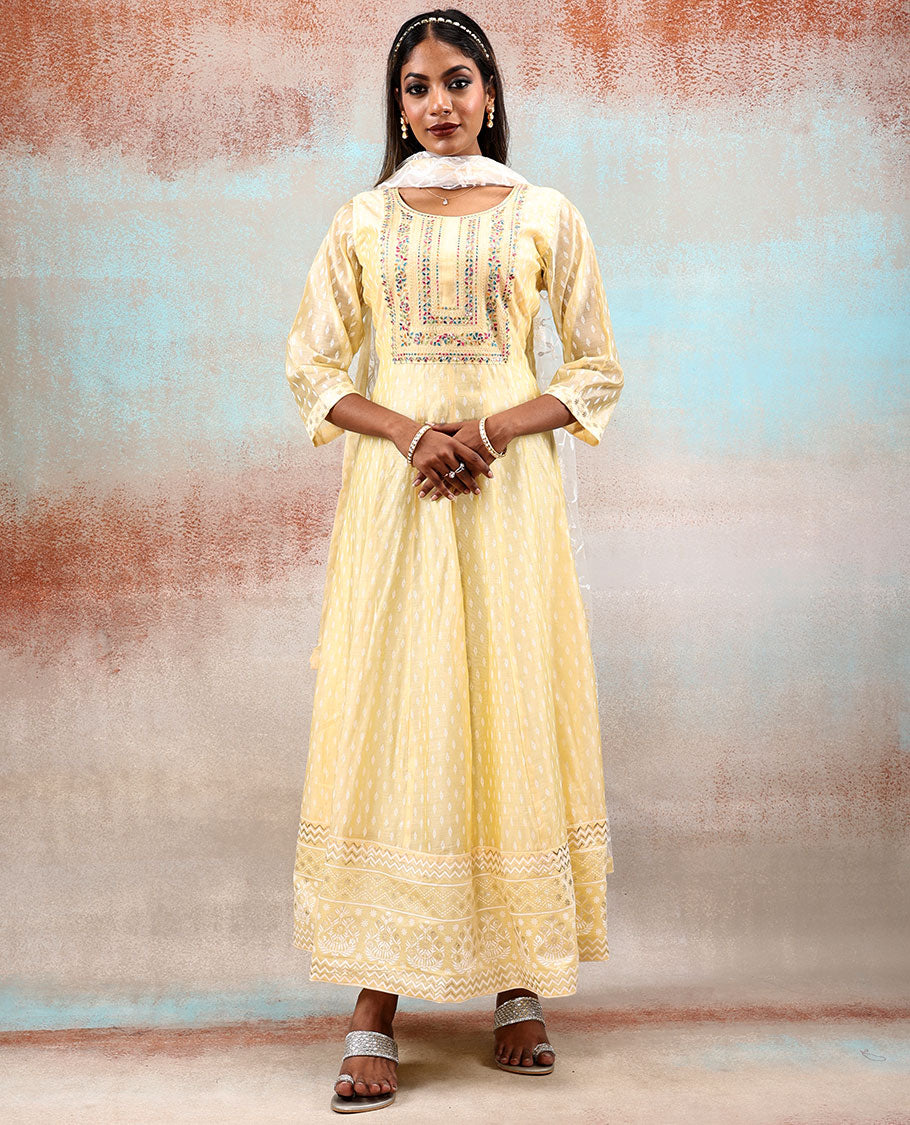 Pale yellow 3/4th sleeve silkcotton Anarkali with unique motif & neck thread embroidered,floral vine embroidered dupatta