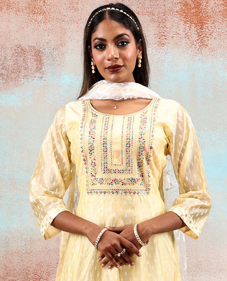 Pale yellow 3/4th sleeve silkcotton Anarkali with unique motif & neck thread embroidered,floral vine embroidered dupatta