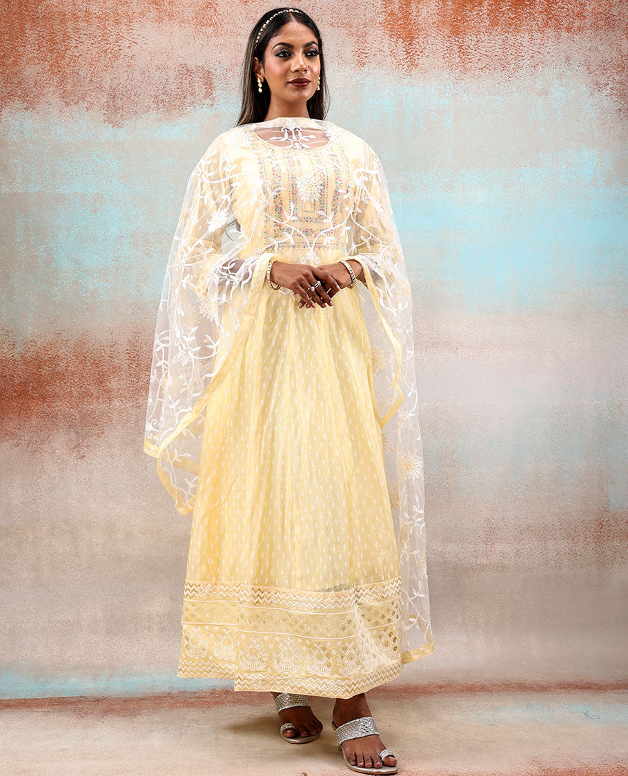 Pale yellow 3/4th sleeve silkcotton Anarkali with unique motif & neck thread embroidered,floral vine embroidered dupatta