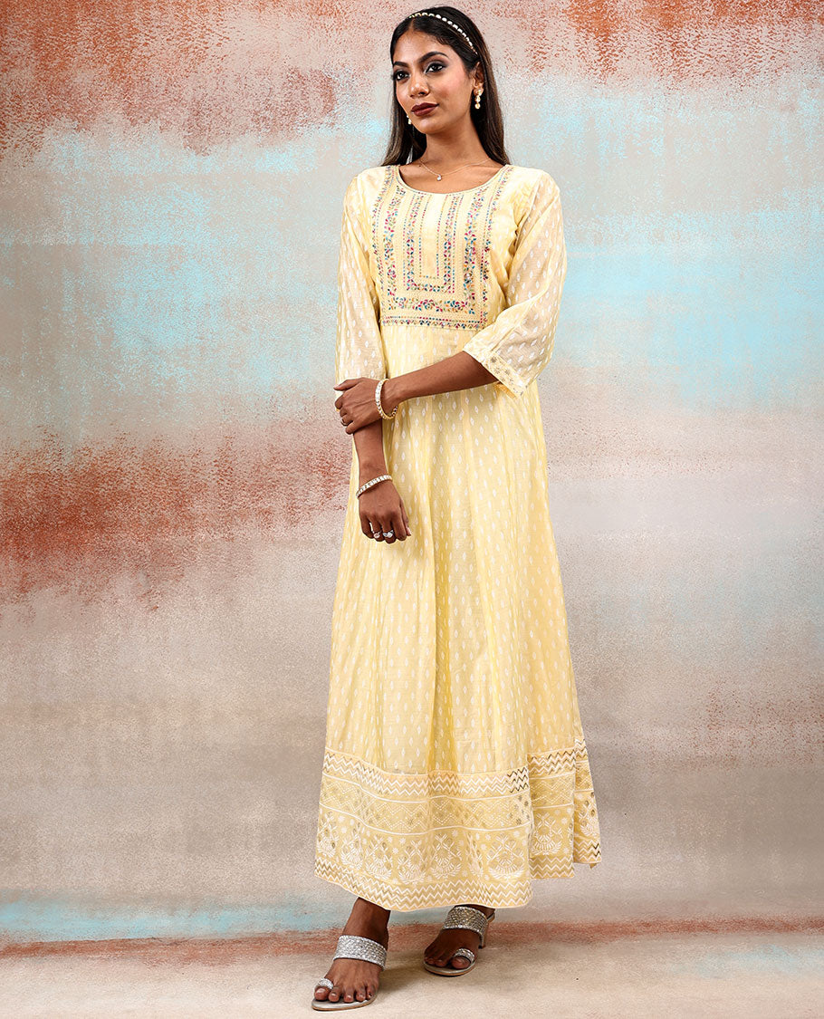 Pale yellow 3/4th sleeve silkcotton Anarkali with unique motif & neck thread embroidered,floral vine embroidered dupatta