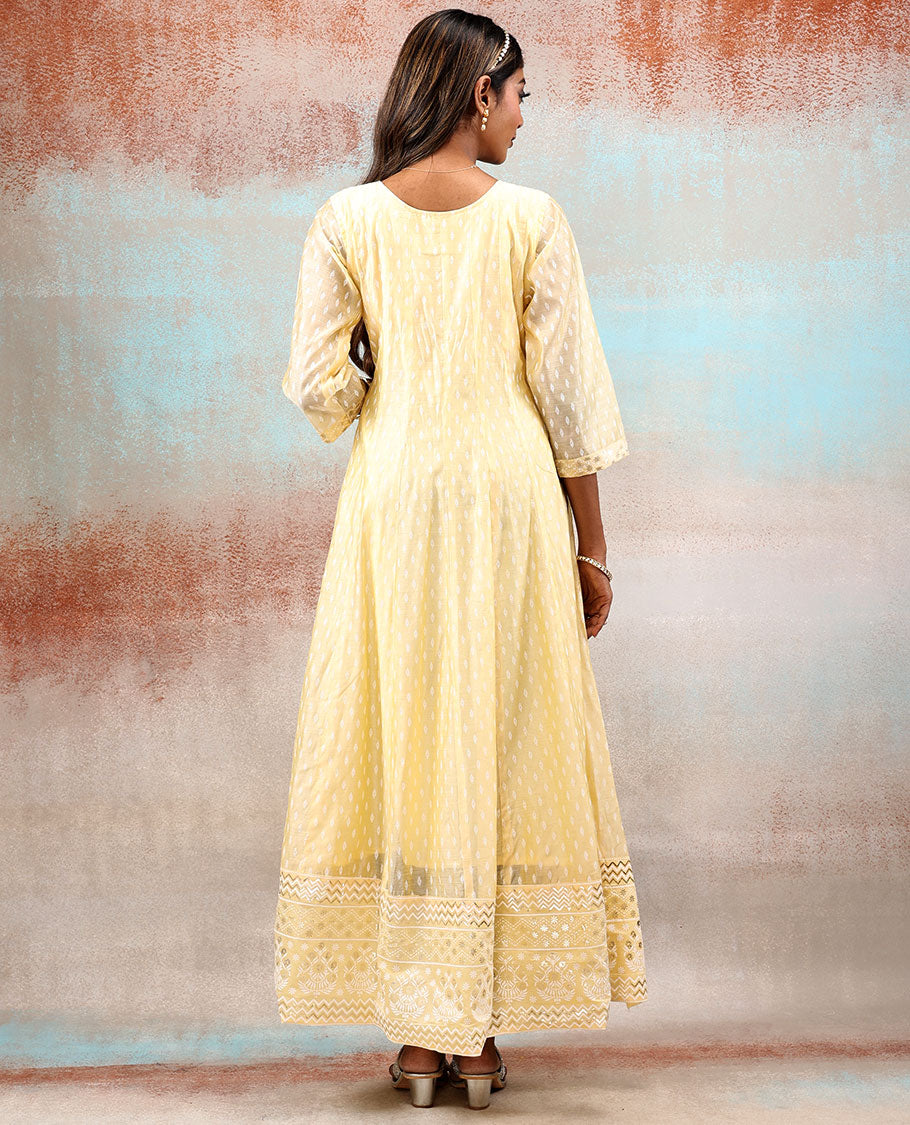 Pale yellow 3/4th sleeve silkcotton Anarkali with unique motif & neck thread embroidered,floral vine embroidered dupatta