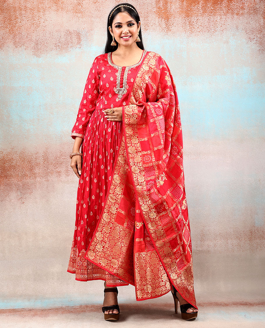 Classy red banaras-style intricately embellished 3/4th sleeve silkcotton Anarkali, intricate zari deisgn Banaras dupatta