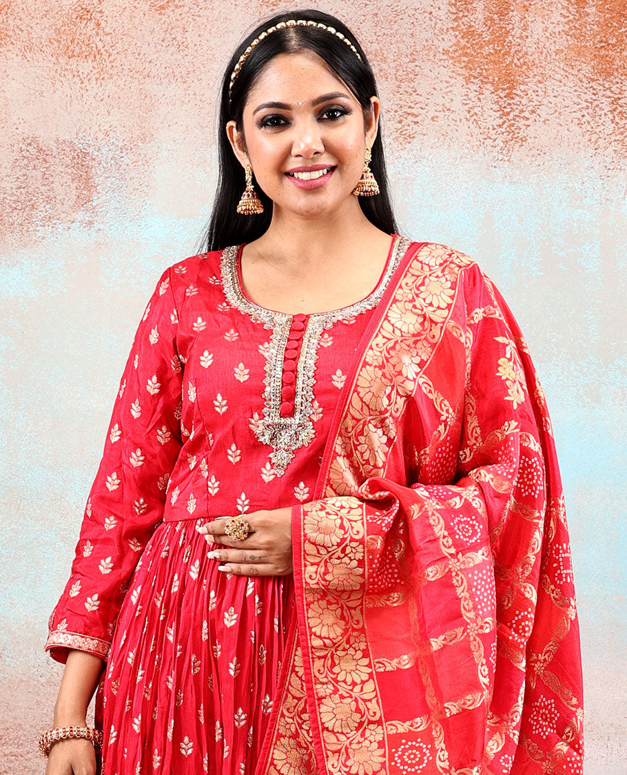 Classy red banaras-style intricately embellished 3/4th sleeve silkcotton Anarkali, intricate zari deisgn Banaras dupatta
