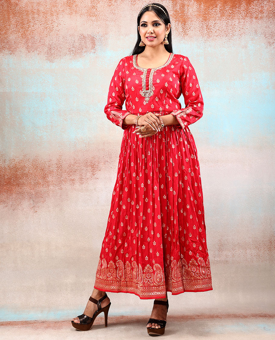 Classy red banaras-style intricately embellished 3/4th sleeve silkcotton Anarkali, intricate zari deisgn Banaras dupatta