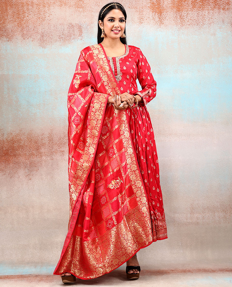 Classy red banaras-style intricately embellished 3/4th sleeve silkcotton Anarkali, intricate zari deisgn Banaras dupatta