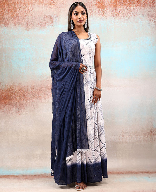 White shibori-style color & triangle patterns printed georgette anarkali, contrast border & dupatta with embroidery work