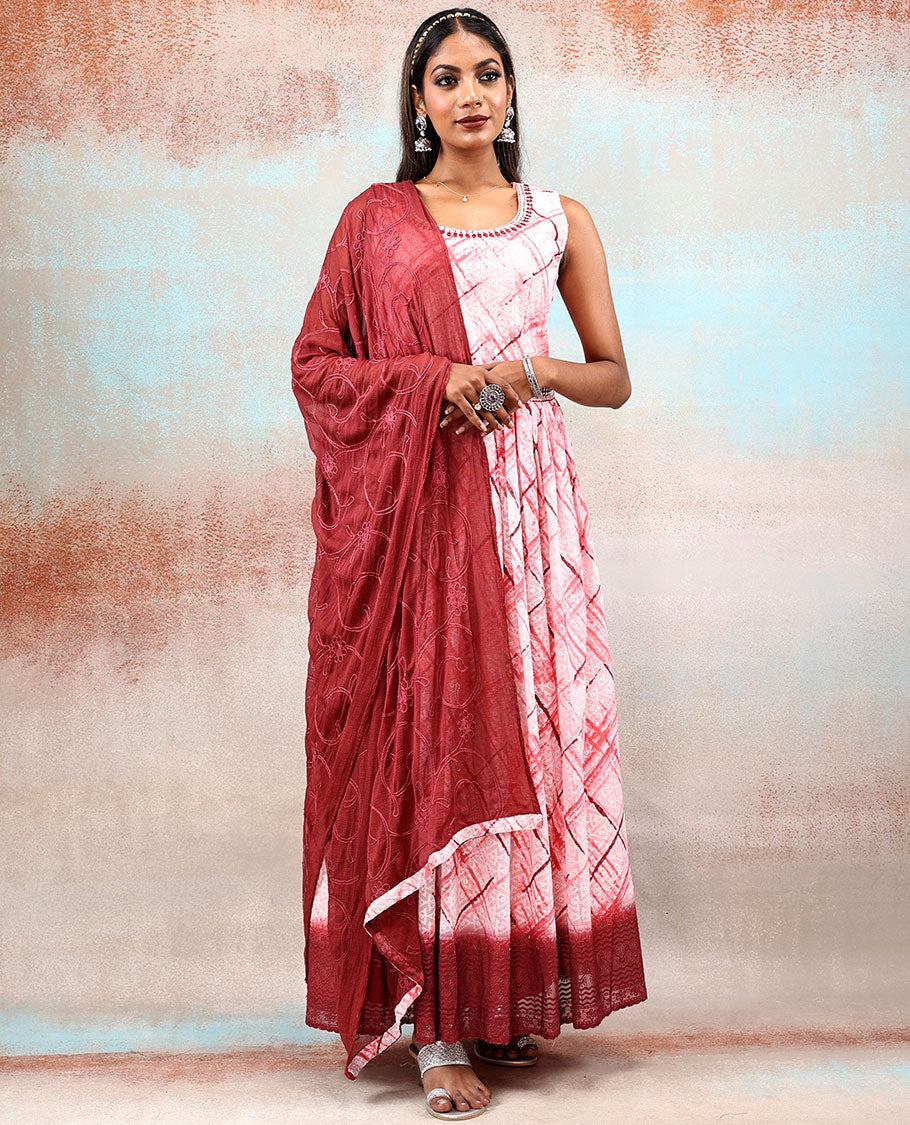 Pink shibori-style dyed & triangle design printed Georgette Anarkali,contrast down blouse & dupatta with embroidery work