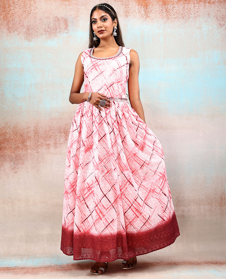 Pink shibori-style dyed & triangle design printed Georgette Anarkali,contrast down blouse & dupatta with embroidery work