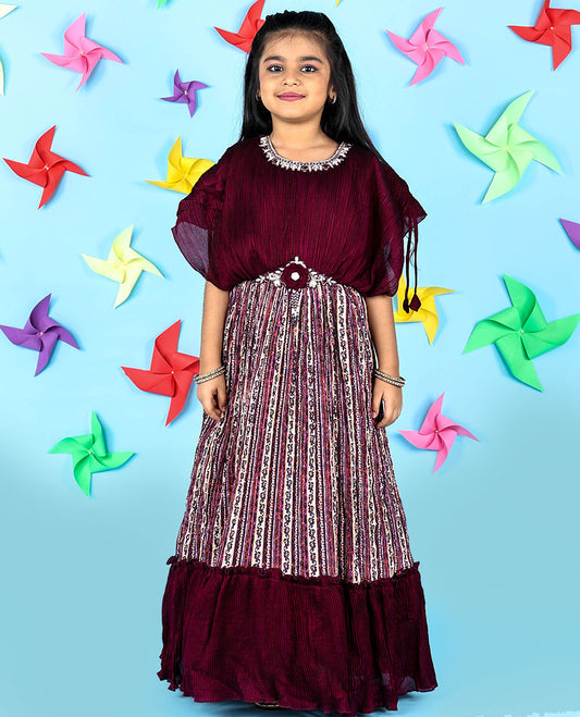 Burgundy intricately printed & embroidered butterfly sleeve chiffon gown