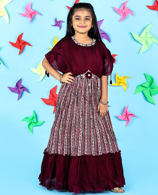 Burgundy intricately printed & embroidered butterfly sleeve chiffon gown