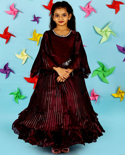 Maroon crystal stone embroidery with bell ruffle full-sleeve chiffon ruffle gown