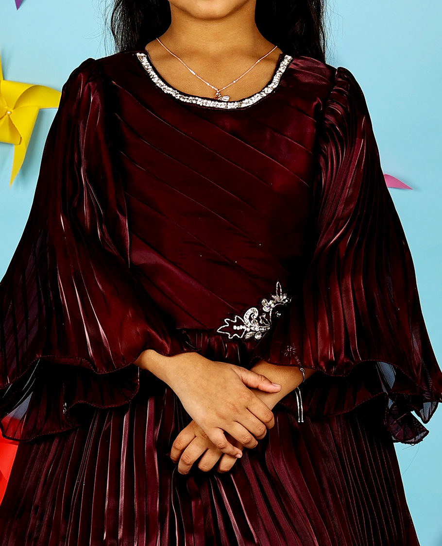 Maroon crystal stone embroidery with bell ruffle full-sleeve chiffon ruffle gown