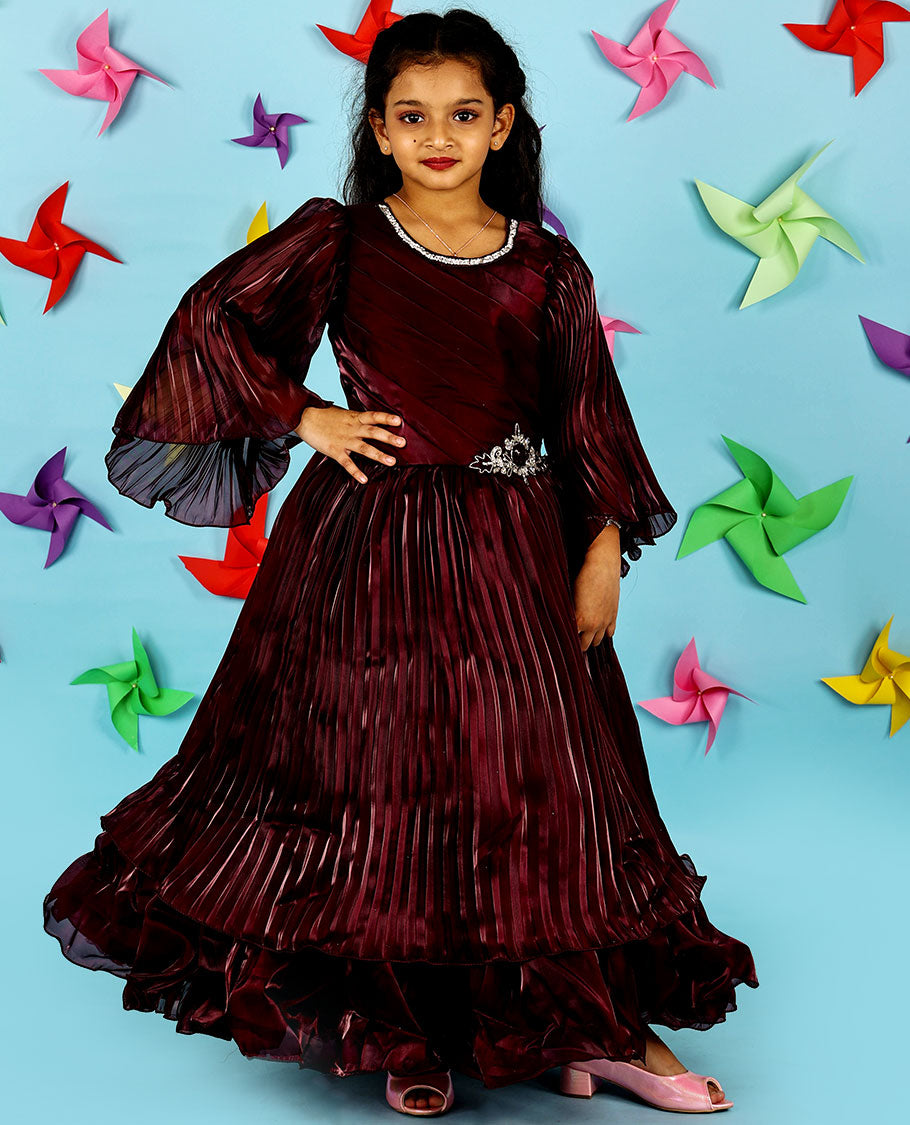Maroon crystal stone embroidery with bell ruffle full-sleeve chiffon ruffle gown
