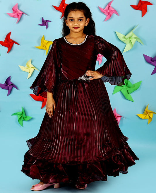 Maroon crystal stone embroidery with bell ruffle full-sleeve chiffon ruffle gown