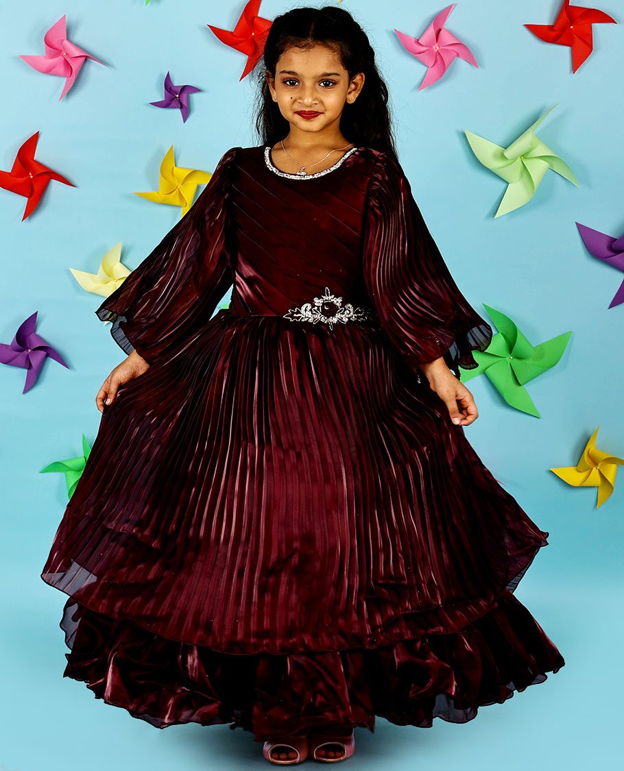 Maroon crystal stone embroidery with bell ruffle full-sleeve chiffon ruffle gown