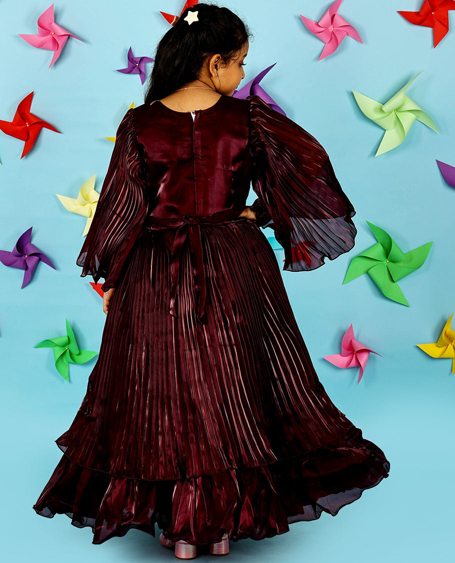 Maroon crystal stone embroidery with bell ruffle full-sleeve chiffon ruffle gown