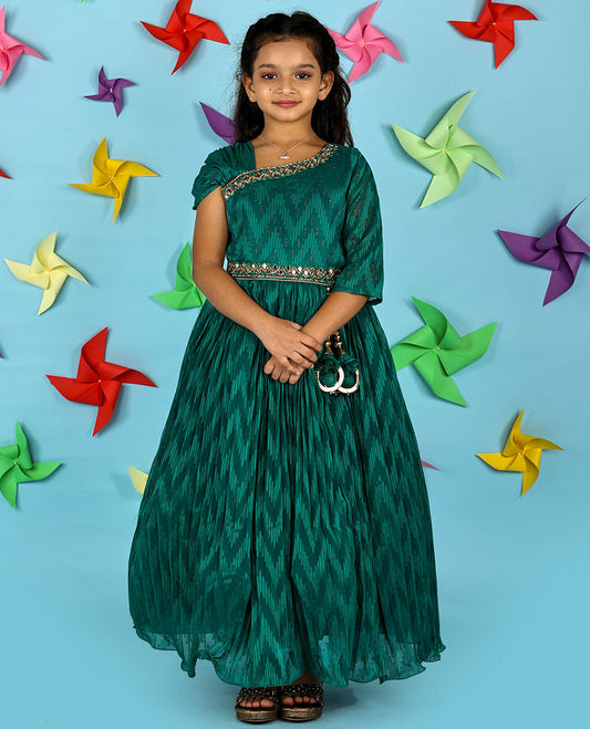Green chevron design & intricate embroidered chiffon material gown with short sleeve right hand & 3/4th left hand