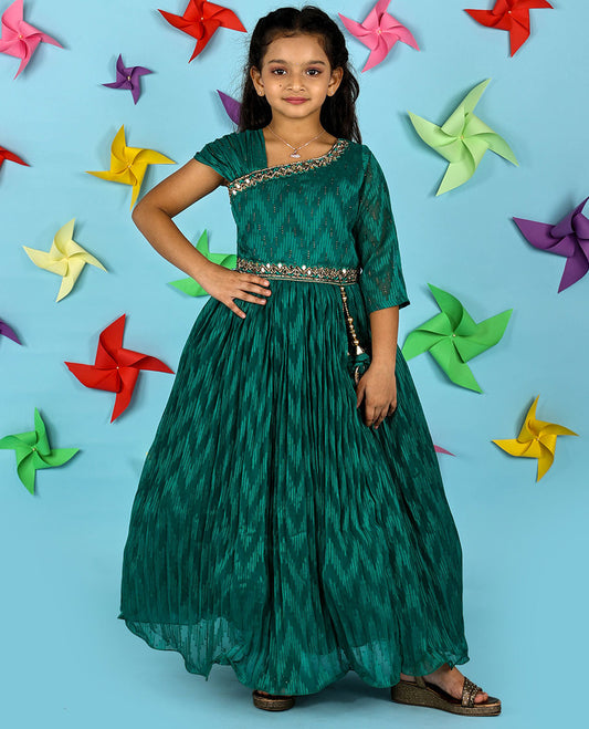 Green chevron design & intricate embroidered chiffon material gown with short sleeve right hand & 3/4th left hand