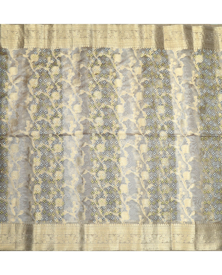 Beige jacquard semi-raw silk multi-use material features floral jaal design & bandhani polka dots