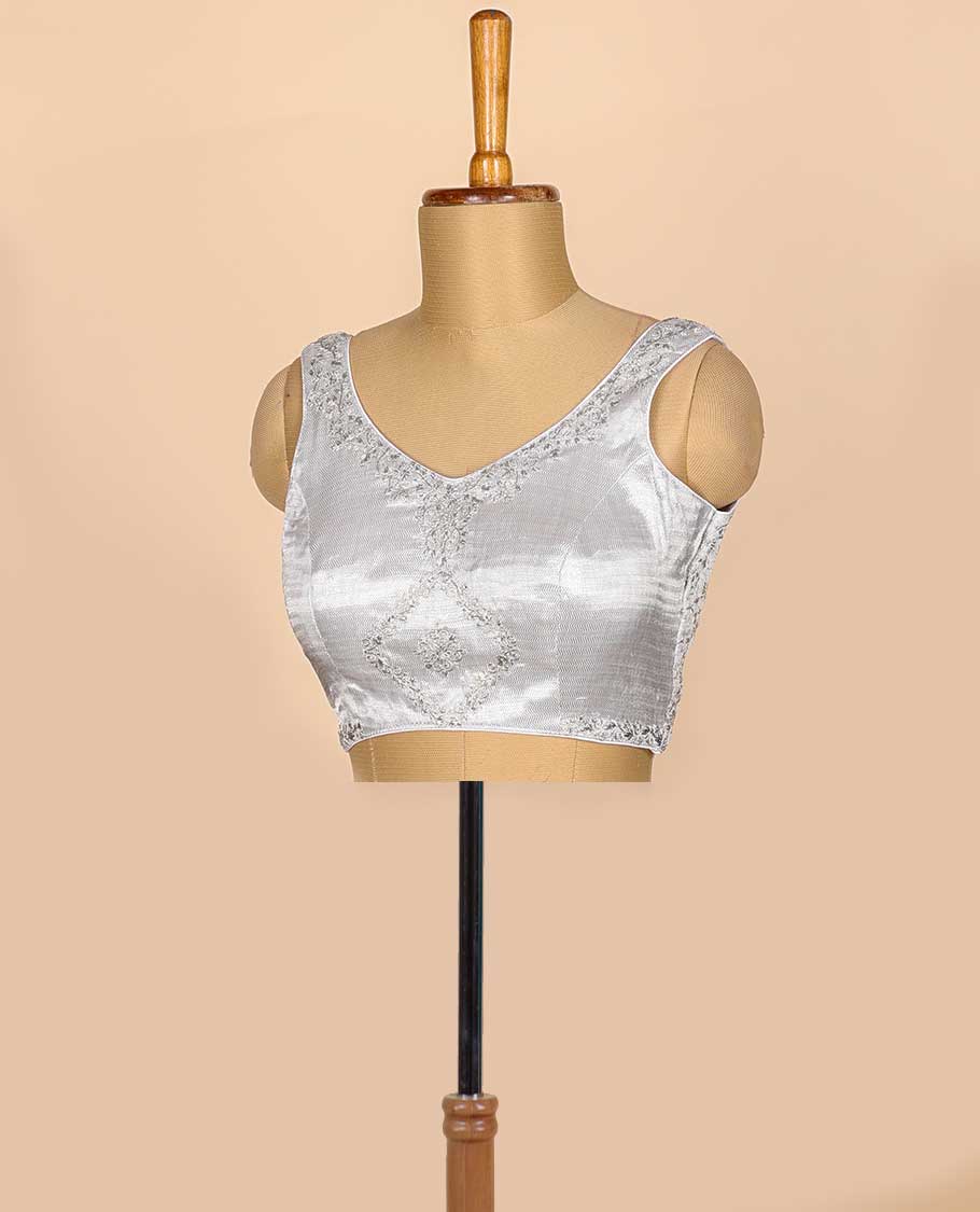 White  Raw Silk U Neckline Blouse With Hand Embroidered Work