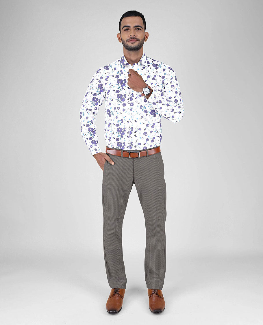 Arvind men's material set features unique motifs & floral printed cotton shirts & 2 contrast polyester viscose pants