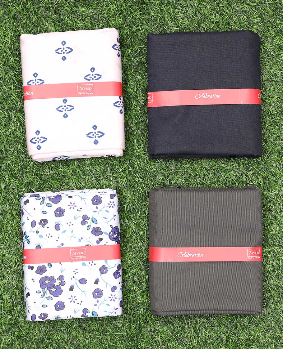 Arvind men's material set features unique motifs & floral printed cotton shirts & 2 contrast polyester viscose pants
