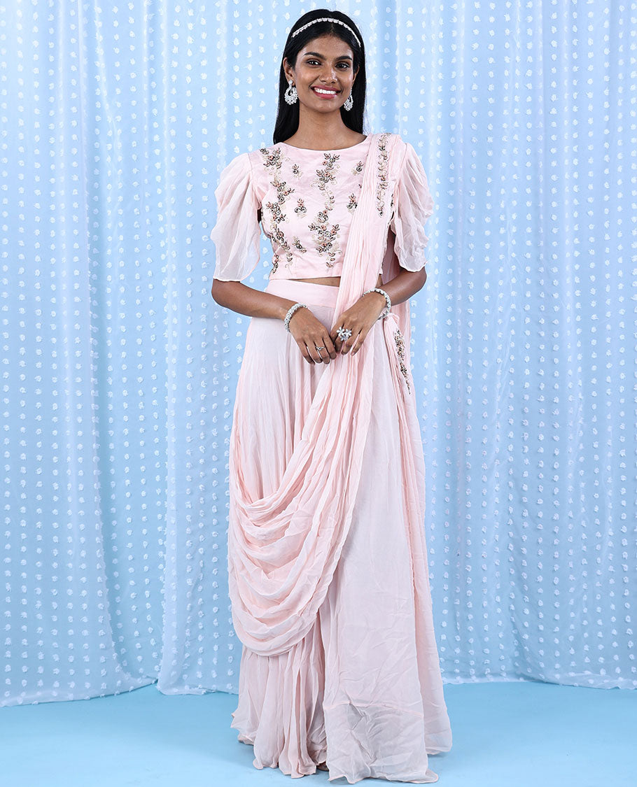 Baby pink intricate floral embroidered butterfly elbow sleeve attached dupatta chiffon readymade lehenga