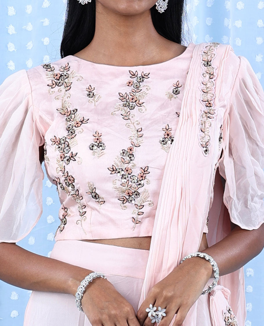 Baby pink intricate floral embroidered butterfly elbow sleeve attached dupatta chiffon readymade lehenga