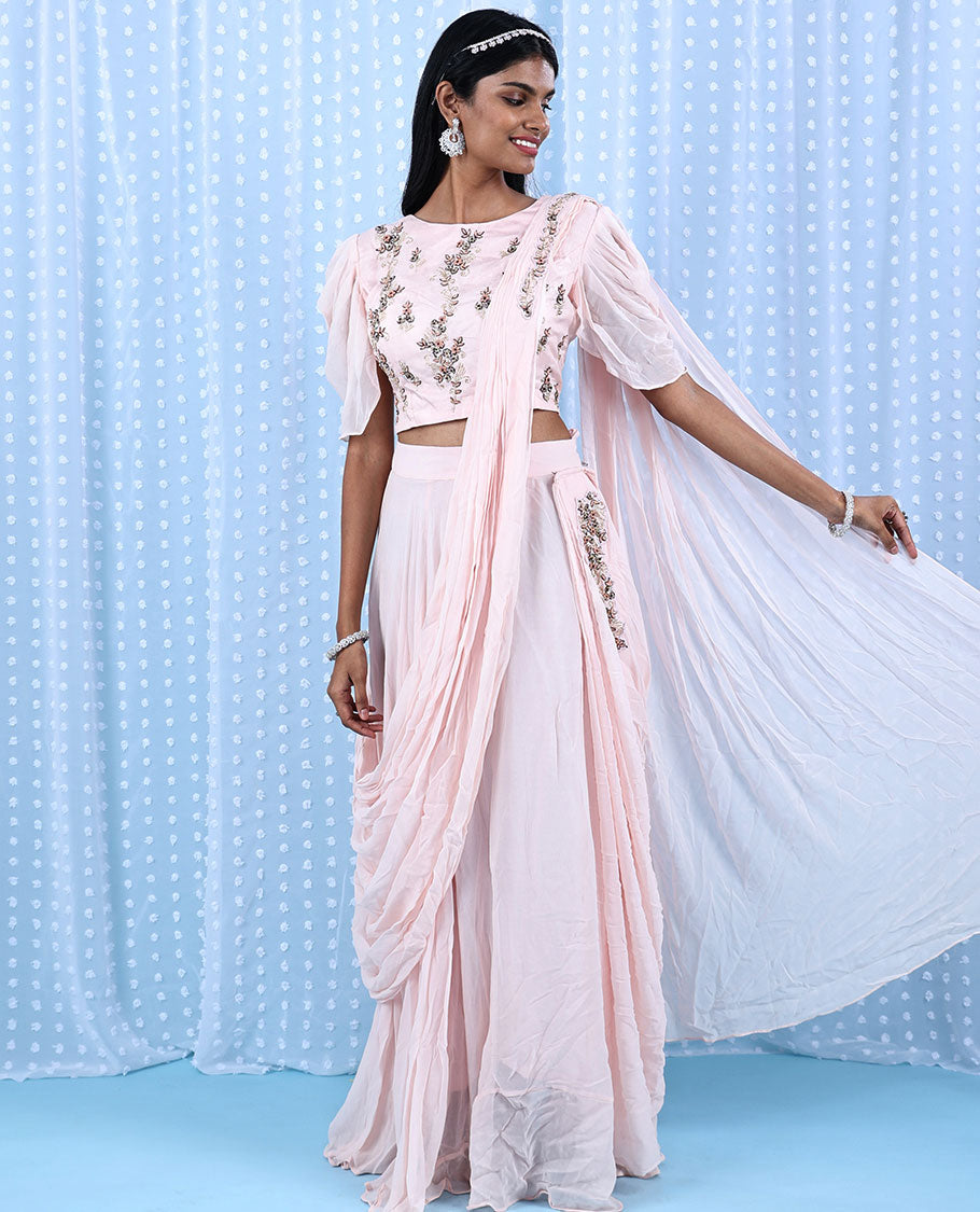 Baby pink intricate floral embroidered butterfly elbow sleeve attached dupatta chiffon readymade lehenga