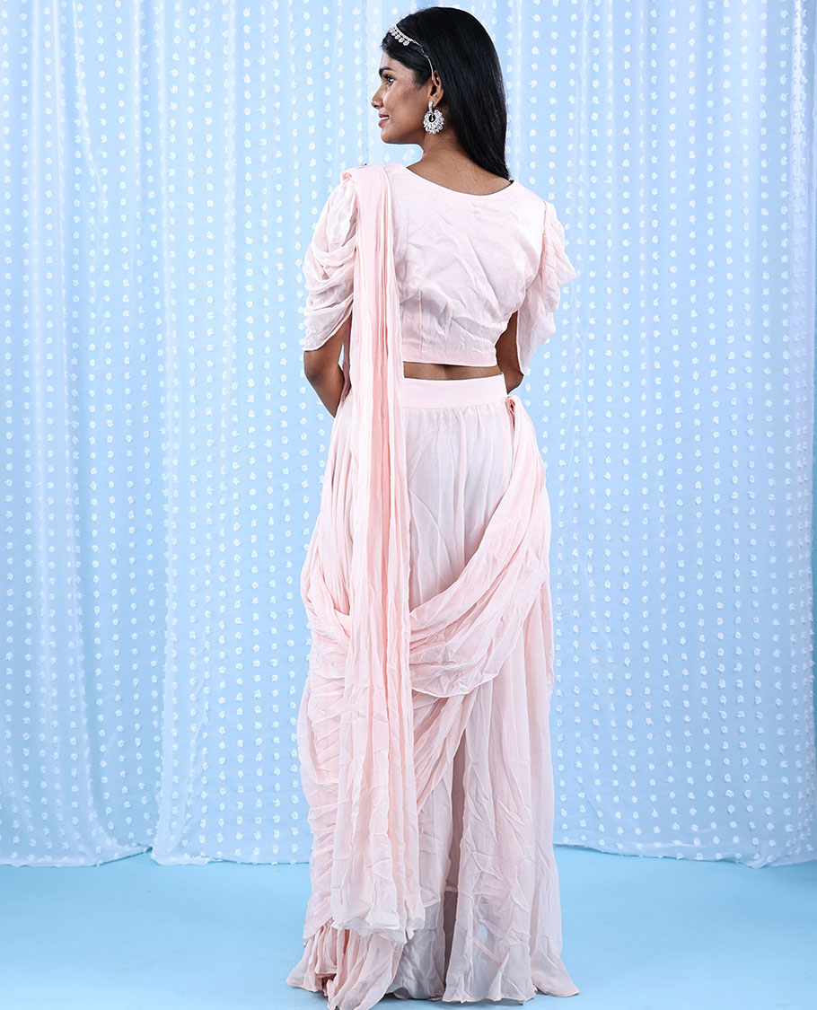 Baby pink intricate floral embroidered butterfly elbow sleeve attached dupatta chiffon readymade lehenga