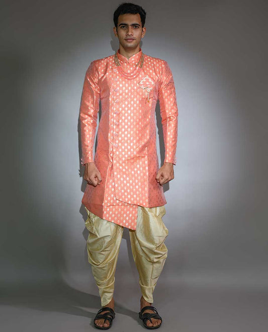 Pale orange pure silk nawabi suit features intricate jacquard design full-sleeve kurta & contrast patiala-style pants