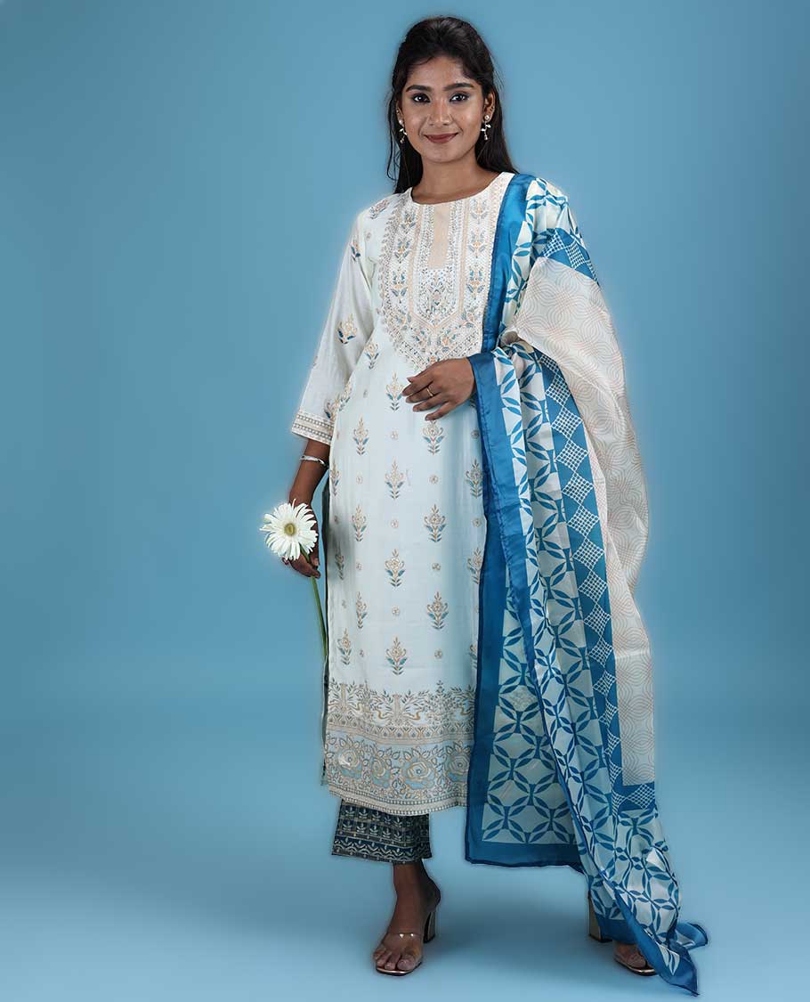 Cream silk cotton readymade suit,printed & glitterwork 3/4th sleeve top,intricately printed dupatta & straight cut pants