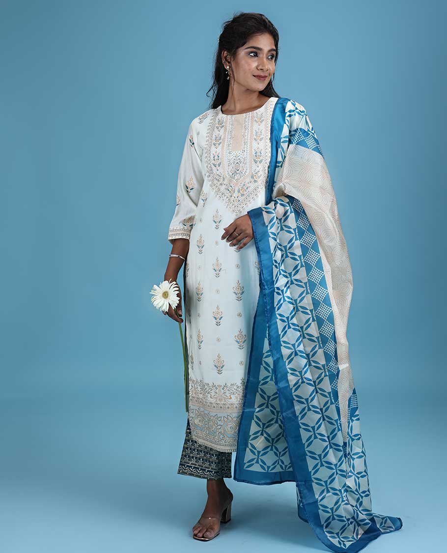 Cream silk cotton readymade suit,printed & glitterwork 3/4th sleeve top,intricately printed dupatta & straight cut pants