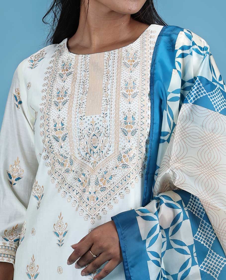 Cream silk cotton readymade suit,printed & glitterwork 3/4th sleeve top,intricately printed dupatta & straight cut pants