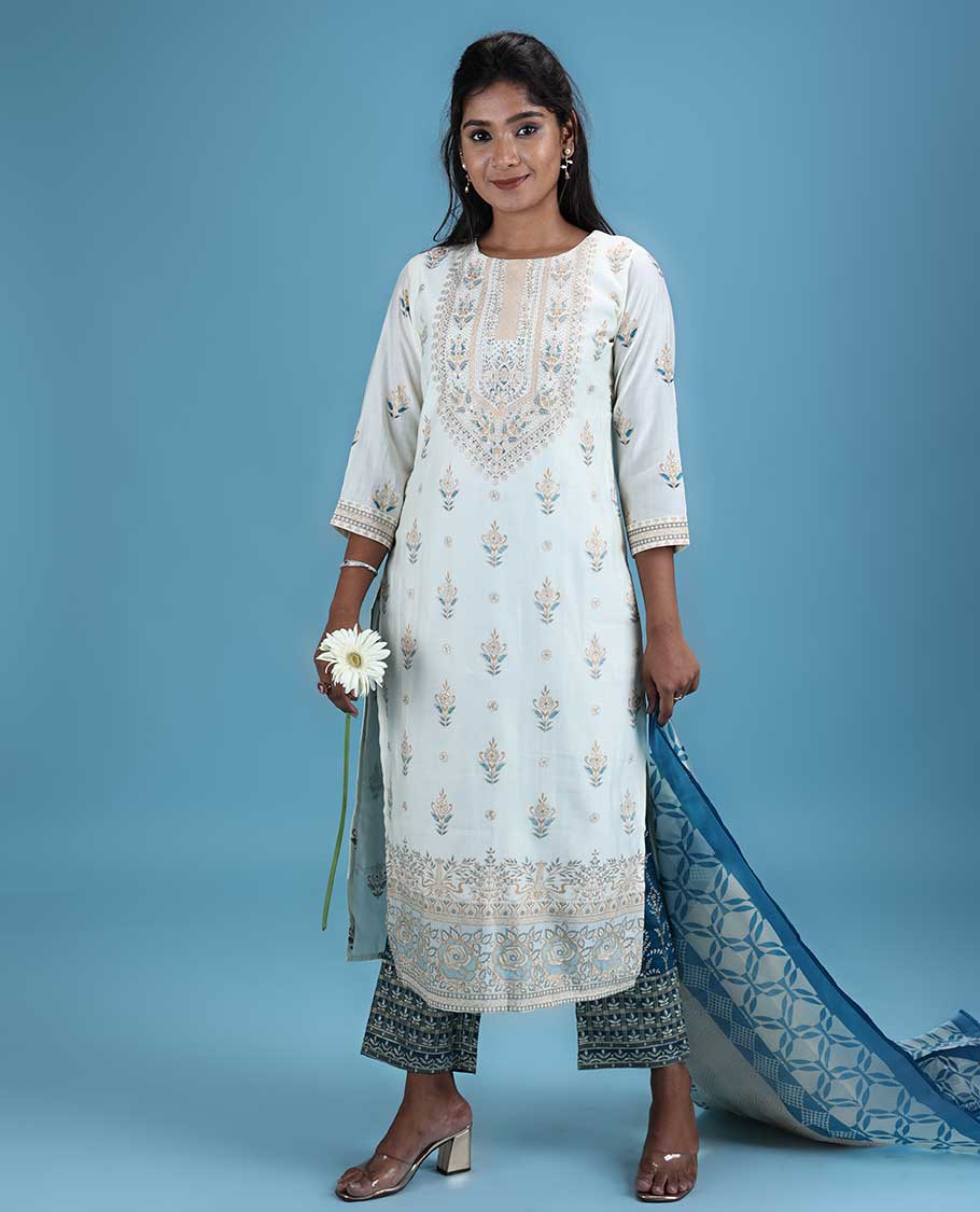 Cream silk cotton readymade suit,printed & glitterwork 3/4th sleeve top,intricately printed dupatta & straight cut pants
